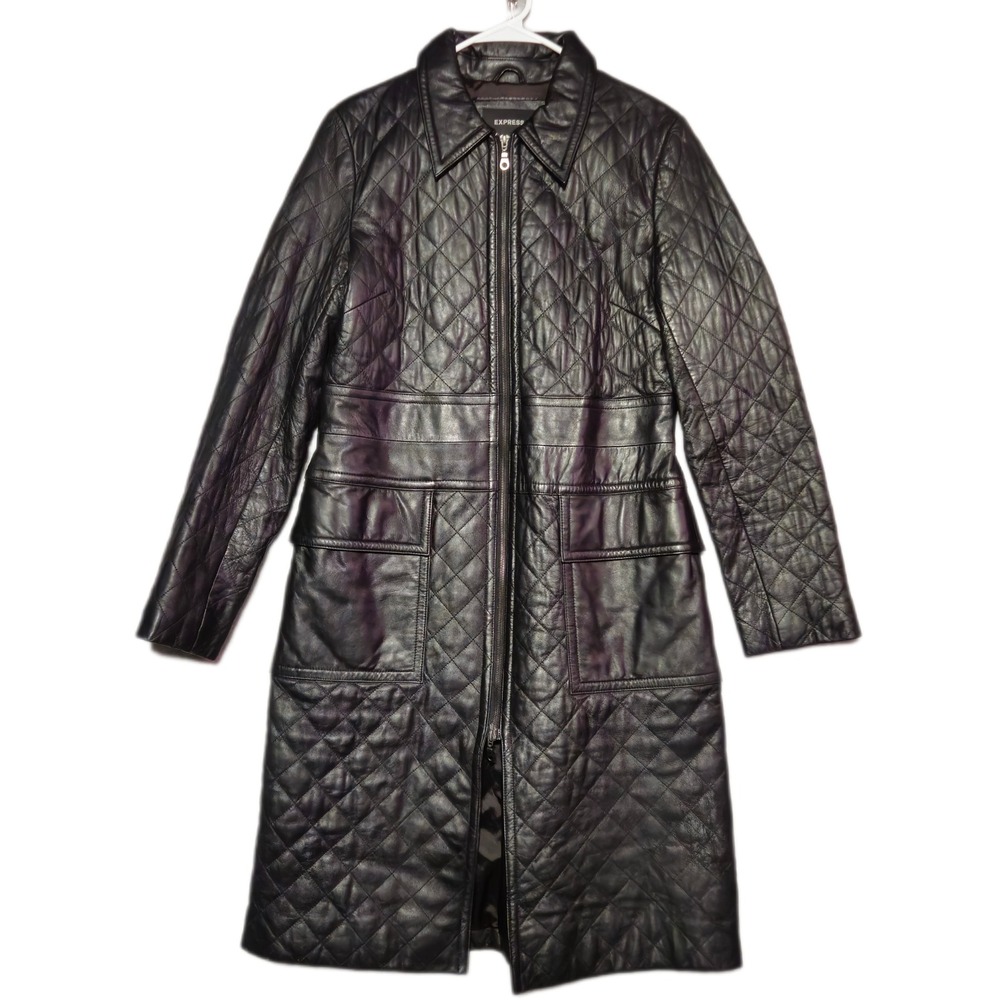 Express Leather Trench Coat Womens Large Black Quilted Matrix Style Long Jacket